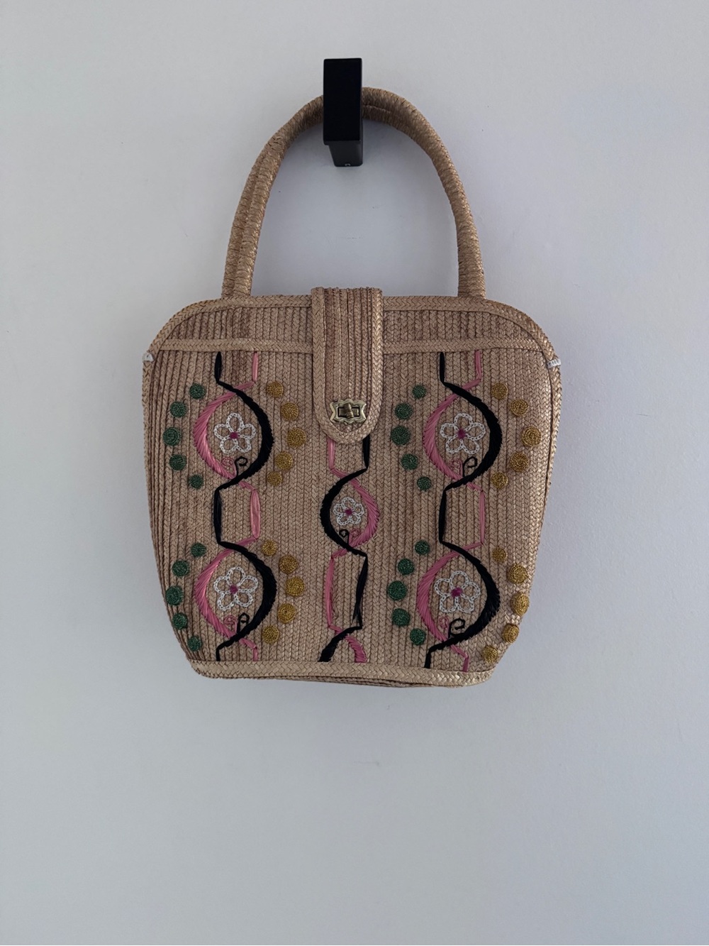 Handwoven vintage  Beige Embroidered Top-Handle Bag